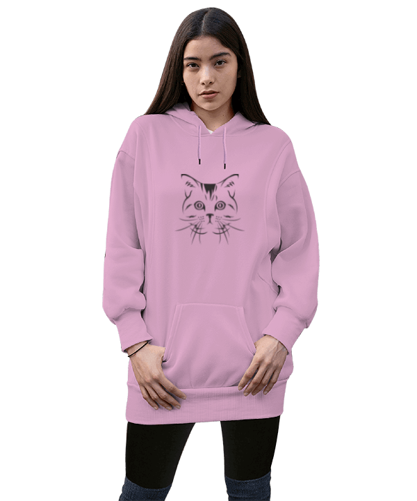 Tisho - kedi siyah pembe Kadın Uzun Hoodie Kapüşonlu Sweatshirt