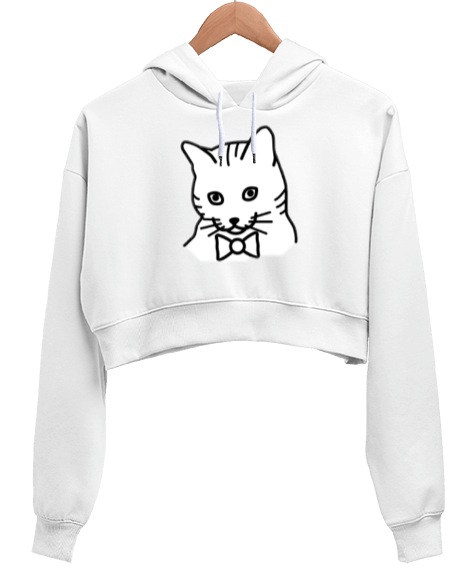 Tisho - Kedi tasarım Kadın Crop Hoodie Kapüşonlu Sweatshirt