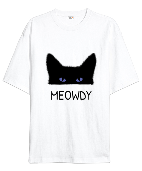 Tisho - Kedi Tasarımlı Beyaz Oversize Unisex Tişört