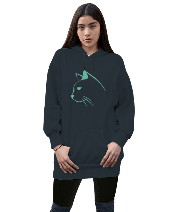 Tisho - Kedi Tasarımlı Kadın Uzun Hoodie Kapüşonlu Sweatshirt