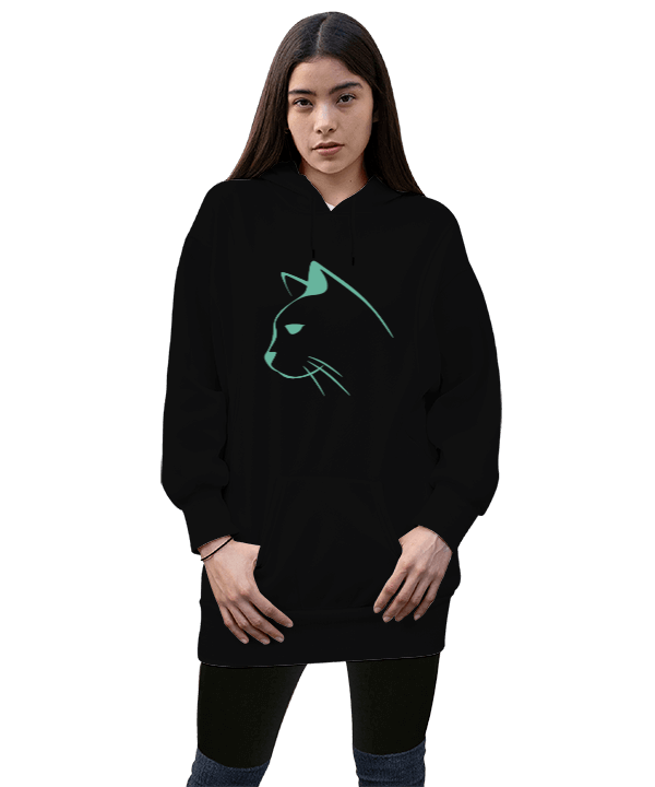 Tisho - Kedi Tasarımlı Kadın Uzun Hoodie Kapüşonlu Sweatshirt