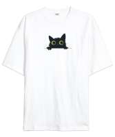 KEDİ TASARIMLI UNİSEX Beyaz Oversize Unisex Tişört - Tisho