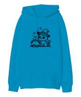 Kedi Turkuaz Oversize Unisex Kapüşonlu Sweatshirt - Tisho