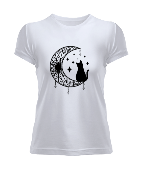 Tisho - Kedi ve Ay Motif Mandala Kadın Tişört