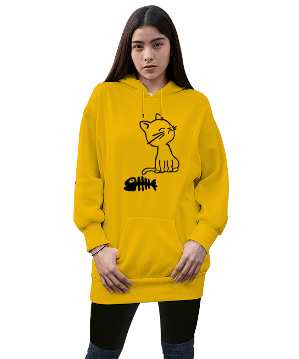 Tisho - Kedi ve balık Kadın Uzun Hoodie Kapüşonlu Sweatshirt