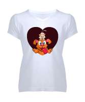 KEDİ VE KÖPEK Beyaz Kadın V Yaka Tişört - Tisho