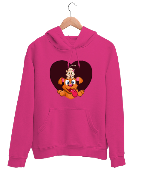 KEDİ VE KÖPEK Fuşya Unisex Kapşonlu Sweatshirt - Tisho
