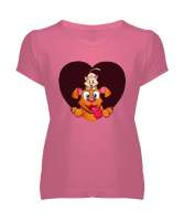 KEDİ VE KÖPEK Pembe Kadın V Yaka Tişört - Tisho