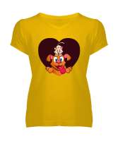 KEDİ VE KÖPEK Sarı Kadın V Yaka Tişört - Tisho