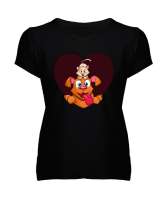 KEDİ VE KÖPEK Siyah Kadın V Yaka Tişört - Tisho