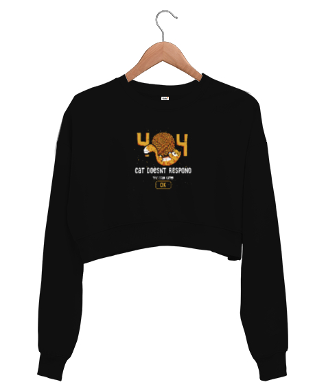 Tisho - Kedi Yanıt Vermiyor - 404 Siyah Kadın Crop Sweatshirt