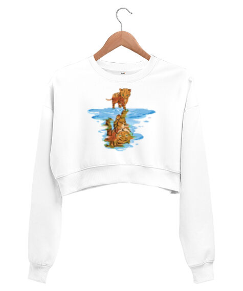 Tisho - Kedi Yansıma Beyaz Kadın Crop Sweatshirt