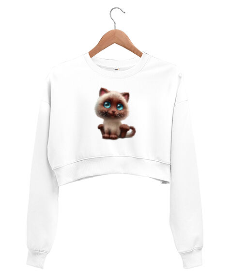 Tisho - Kedicik Beyaz Kadın Crop Sweatshirt