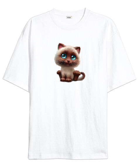 Tisho - Kedicik Beyaz Oversize Unisex Tişört