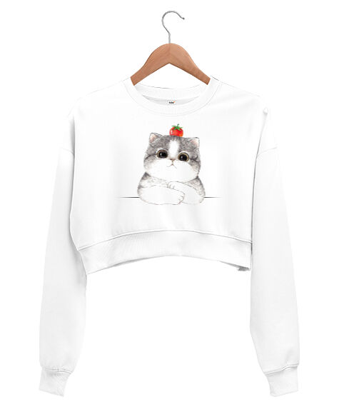 Tisho - Kedicik Blu V2 Beyaz Kadın Crop Sweatshirt