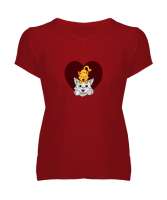 KEDİCİK Kırmızı Kadın V Yaka Tişört - Tisho