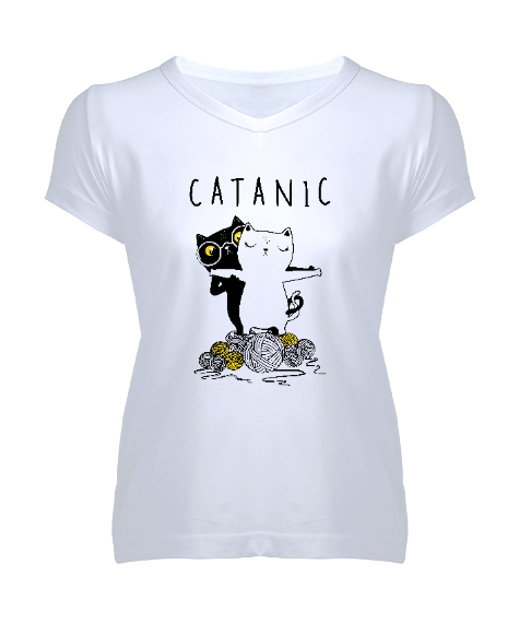 Tisho - Kediler - Catanic Beyaz Kadın V Yaka Tişört