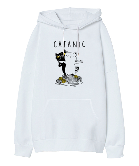 Tisho - Kediler - Catanic Beyaz Oversize Unisex Kapüşonlu Sweatshirt