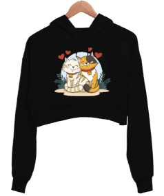 Tisho - Kedilerin Aşkı Kadın Siyah Crop Hoodie Kapüşonlu Sweatshirt Kadın Crop Hoodie Kapüşonlu Sweatshirt