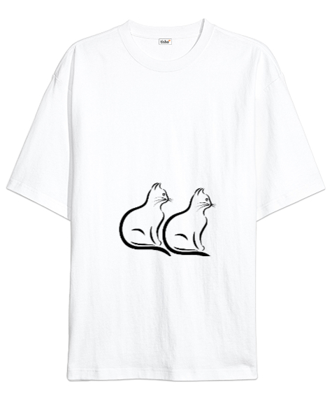Kedili Beyaz Oversize Unisex Tişört