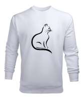 Kedili Kara Kalem Çizgi Özel Tasarım Tatlı Sevimli Kedili Beyaz Erkek Sweatshirt - Tisho