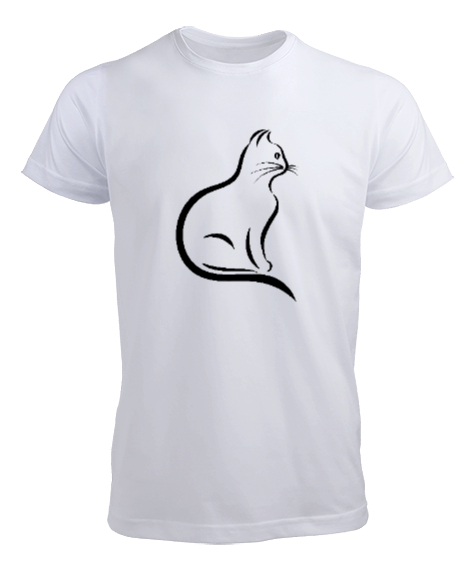 Tisho - Kedili Kara Kalem Çizgi Özel Tasarım Tatlı Sevimli Kedili Beyaz Erkek Tişört