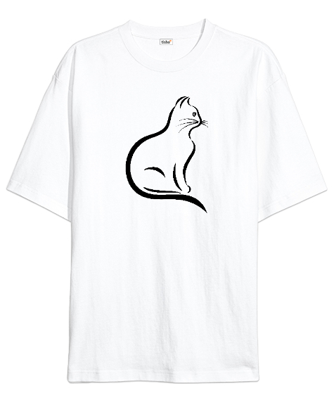 Tisho - Kedili Kara Kalem Çizgi Özel Tasarım Tatlı Sevimli Kedili Beyaz Oversize Unisex Tişört