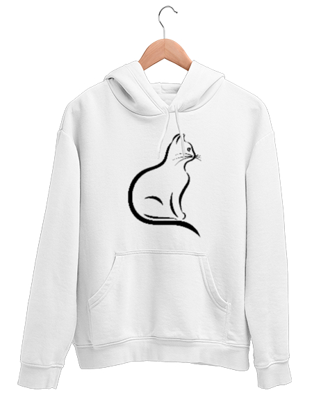 Tisho - Kedili Kara Kalem Çizgi Özel Tasarım Tatlı Sevimli Kedili Beyaz Unisex Kapşonlu Sweatshirt