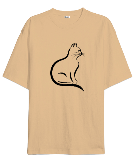 Tisho - Kedili Kara Kalem Çizgi Özel Tasarım Tatlı Sevimli Kedili Camel Oversize Unisex Tişört