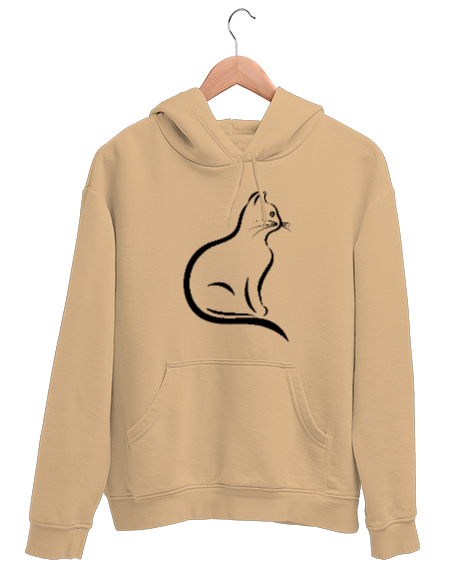 Tisho - Kedili Kara Kalem Çizgi Özel Tasarım Tatlı Sevimli Kedili Camel Unisex Kapşonlu Sweatshirt