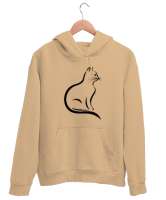 Kedili Kara Kalem Çizgi Özel Tasarım Tatlı Sevimli Kedili Camel Unisex Kapşonlu Sweatshirt - Tisho