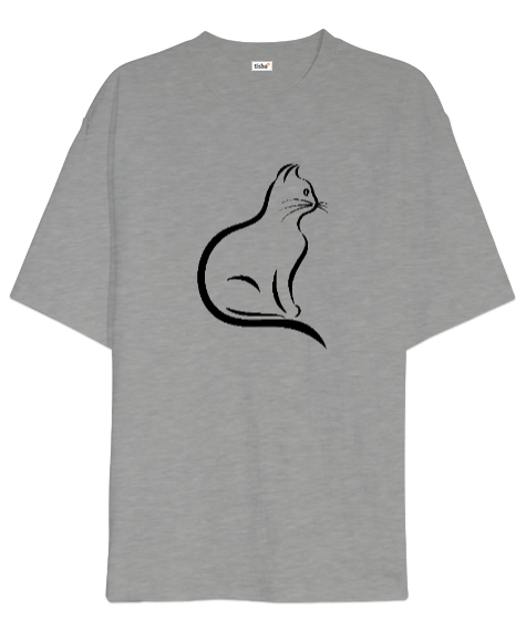 Tisho - Kedili Kara Kalem Çizgi Özel Tasarım Tatlı Sevimli Kedili Gri Oversize Unisex Tişört