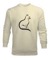 Kedili Kara Kalem Çizgi Özel Tasarım Tatlı Sevimli Kedili Krem Erkek Sweatshirt - Tisho