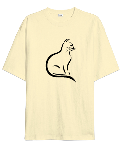 Tisho - Kedili Kara Kalem Çizgi Özel Tasarım Tatlı Sevimli Kedili Krem Oversize Unisex Tişört