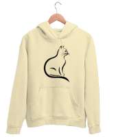 Kedili Kara Kalem Çizgi Özel Tasarım Tatlı Sevimli Kedili Krem Unisex Kapşonlu Sweatshirt - Tisho