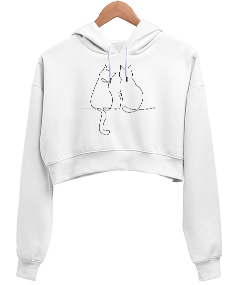Tisho - Kedili Kara Kalem İnce Çizgili Zarif Minimalist Özel Tasarım Aşık Çift Sevimli Kedili Beyaz Kadın Crop Hoodie Kapüşonlu Sweatshirt