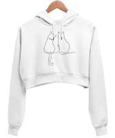 Kedili Kara Kalem İnce Çizgili Zarif Minimalist Özel Tasarım Aşık Çift Sevimli Kedili Beyaz Kadın Crop Hoodie Kapüşonlu Sweatshirt - Tisho