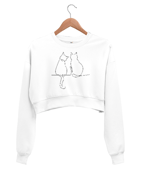 Tisho - Kedili Kara Kalem İnce Çizgili Zarif Minimalist Özel Tasarım Aşık Çift Sevimli Kedili Beyaz Kadın Crop Sweatshirt