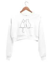 Kedili Kara Kalem İnce Çizgili Zarif Minimalist Özel Tasarım Aşık Çift Sevimli Kedili Beyaz Kadın Crop Sweatshirt - Tisho
