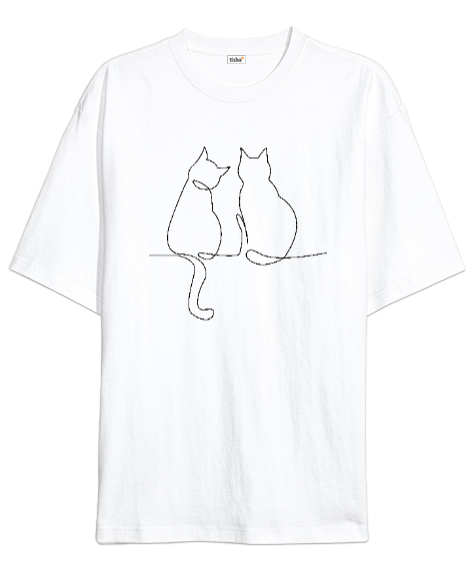 Tisho - Kedili Kara Kalem İnce Çizgili Zarif Minimalist Özel Tasarım Aşık Çift Sevimli Kedili Beyaz Oversize Unisex Tişört