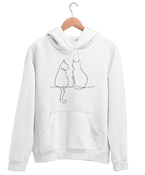 Tisho - Kedili Kara Kalem İnce Çizgili Zarif Minimalist Özel Tasarım Aşık Çift Sevimli Kedili Beyaz Unisex Kapşonlu Sweatshirt