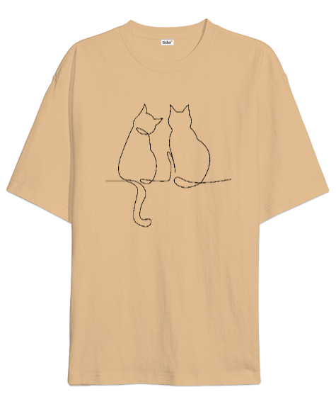Tisho - Kedili Kara Kalem İnce Çizgili Zarif Minimalist Özel Tasarım Aşık Çift Sevimli Kedili Camel Oversize Unisex Tişört