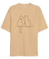 Kedili Kara Kalem İnce Çizgili Zarif Minimalist Özel Tasarım Aşık Çift Sevimli Kedili Camel Oversize Unisex Tişört - Tisho