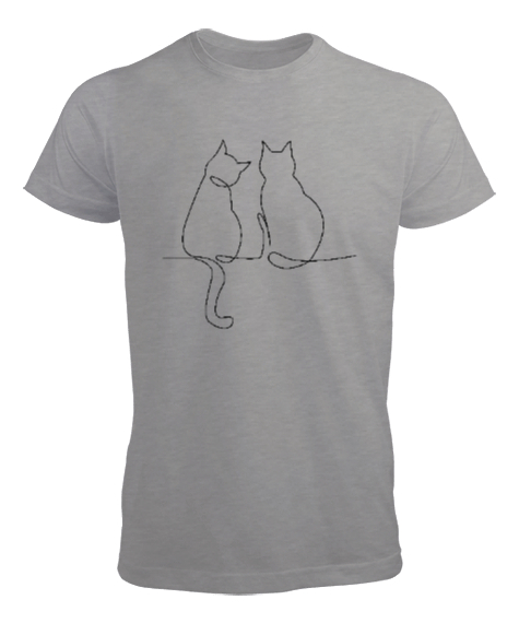 Kedili Kara Kalem İnce Çizgili Zarif Minimalist Özel Tasarım Aşık Çift Sevimli Kedili Gri Erkek Tişört