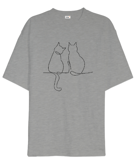 Tisho - Kedili Kara Kalem İnce Çizgili Zarif Minimalist Özel Tasarım Aşık Çift Sevimli Kedili Gri Oversize Unisex Tişört