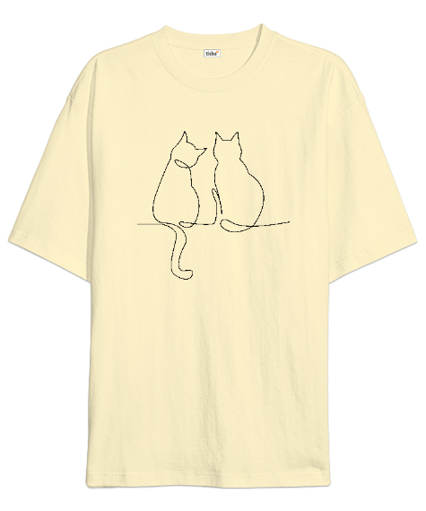 Tisho - Kedili Kara Kalem İnce Çizgili Zarif Minimalist Özel Tasarım Aşık Çift Sevimli Kedili Krem Oversize Unisex Tişört