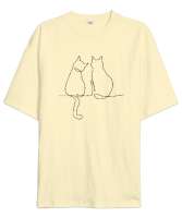 Kedili Kara Kalem İnce Çizgili Zarif Minimalist Özel Tasarım Aşık Çift Sevimli Kedili Krem Oversize Unisex Tişört - Tisho