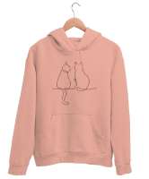 Kedili Kara Kalem İnce Çizgili Zarif Minimalist Özel Tasarım Aşık Çift Sevimli Kedili Yavru Ağzı Unisex Kapşonlu Sweatshirt - Tisho