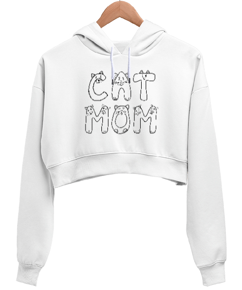 Tisho - Kedili Kara Kalem İnce Çizgili Zarif Minimalist Özel Tasarım Cat Mom Kedi Anesi Sevimli Kedili Beyaz Kadın Crop Hoodie Kapüşonlu Sweatshirt