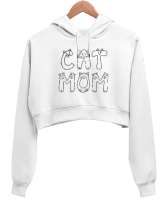 Kedili Kara Kalem İnce Çizgili Zarif Minimalist Özel Tasarım Cat Mom Kedi Anesi Sevimli Kedili Beyaz Kadın Crop Hoodie Kapüşonlu Sweatshirt - Tisho